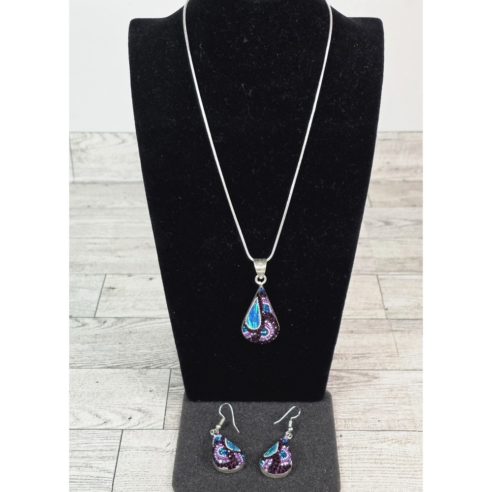 Sterling Silver Teardrop Mosaic Austrian Crystals Earrings & Necklace Set Mexico